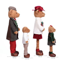 Four plush teddy bears in holiday outfits, shown from the side with width measurements.