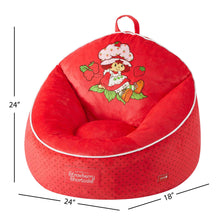 Red kids bean bag chair with carry handle and strawberry-style cartoon back cushion