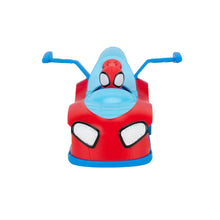 Blue and red Spidey-themed racer vehicle with open cockpit and black eye details