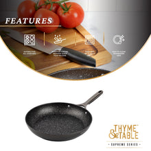 Black speckled non-stick fry pan with long handle, angled view