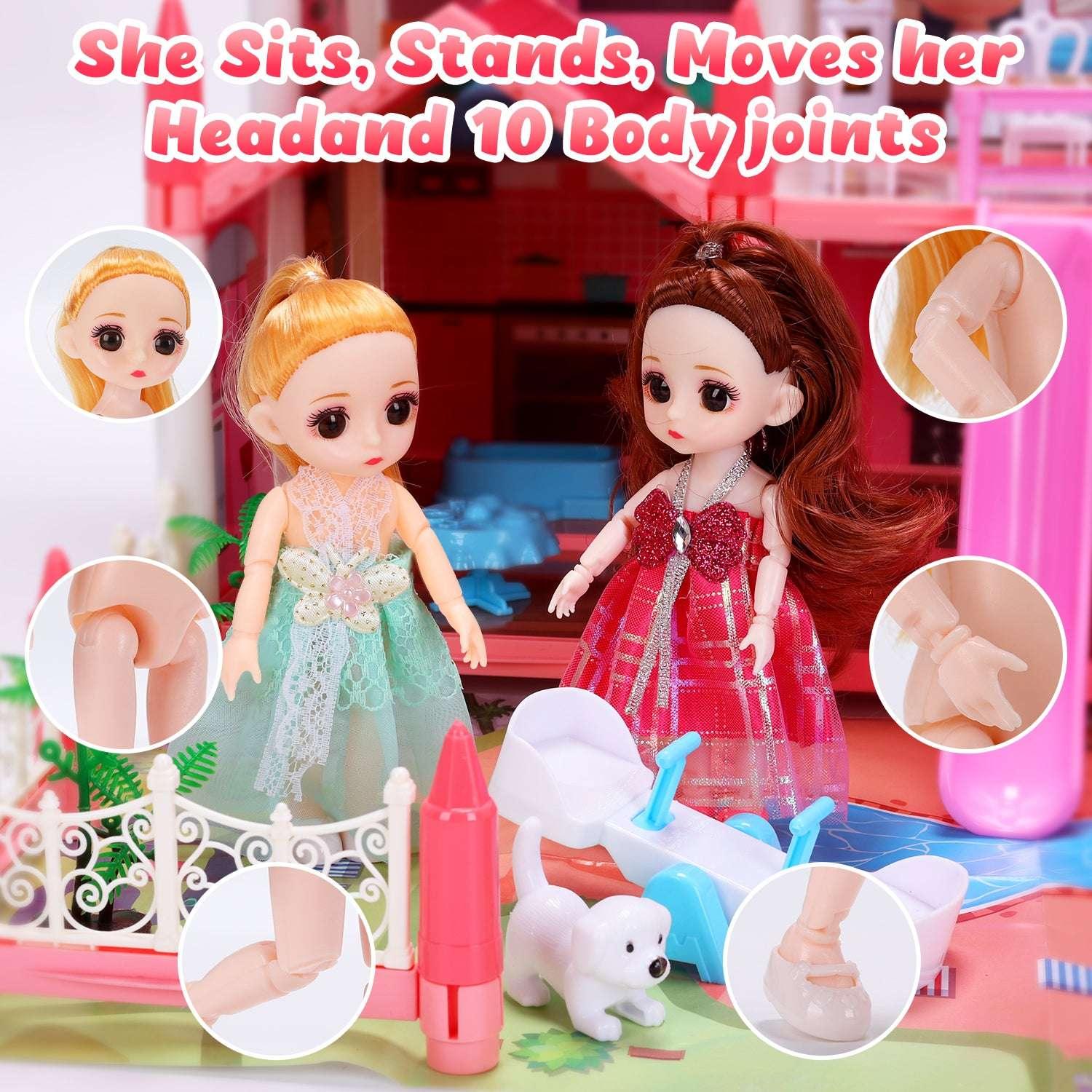 JoyStone Play Dollhouse with Doll Toy Figures, 14 Rooms Furniture and Colorful Lights, Creative Doll House Gift for Girls Ages 3+, Assemble Required, Pink - USA MEGA SHOP
