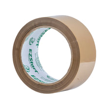 Tan packaging tape roll close-up with printed inner label