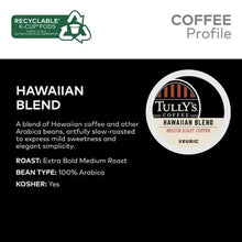 Hawaiian Blend coffee profile card with Tully's pod logo on dark background