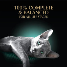 Cat food variety pack label with gray cat illustration and “100% complete & balanced” text