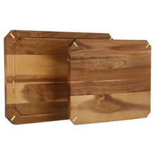 Two rectangular acacia cutting boards with corner handholds, shown overlapped