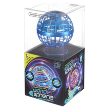 Blue magic hover ball in clear display box with printed product graphics