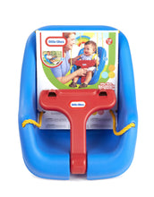 Blue and red high-back swing seat with front safety bar and yellow rope straps