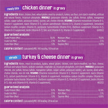 Purina Friskies wet cat food label panel for turkey dinner with gravy, guaranteed analysis