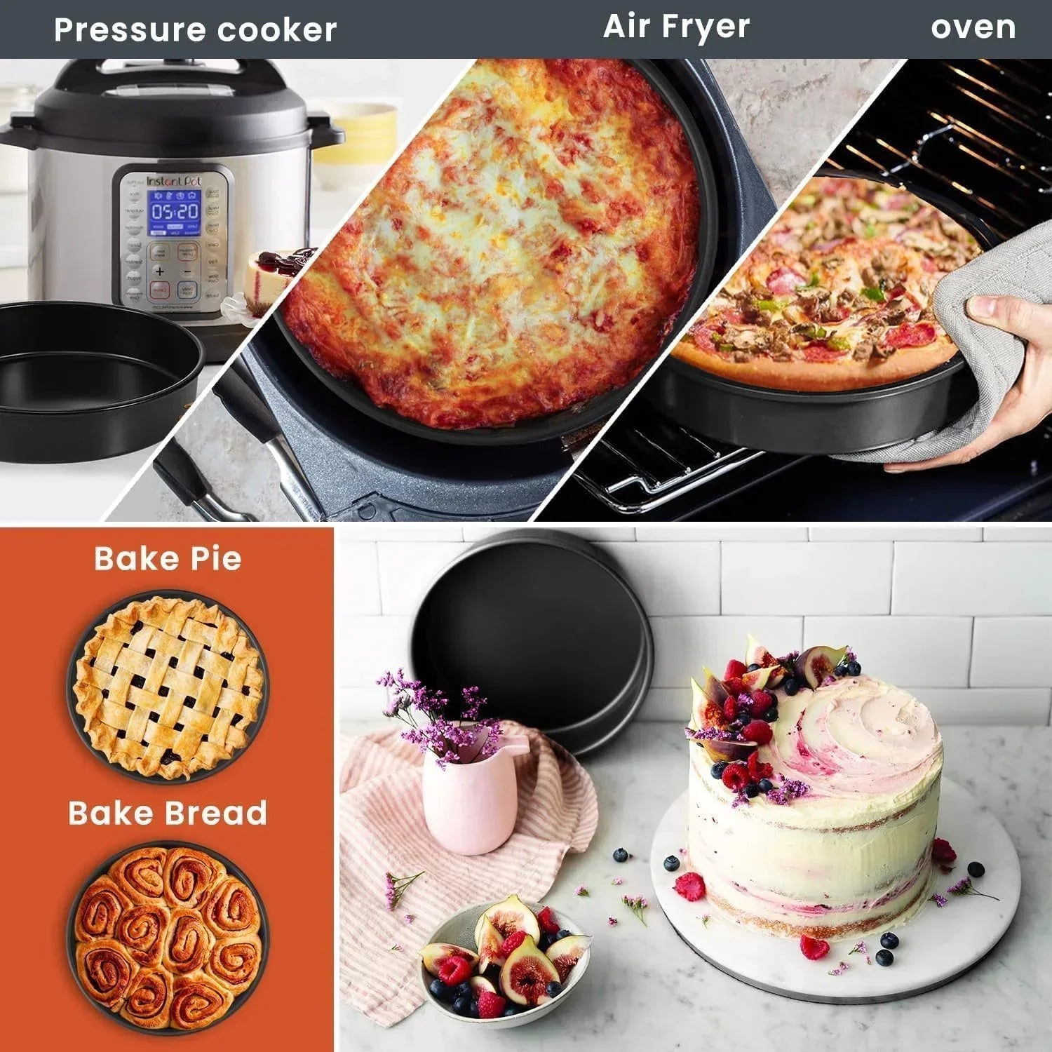 RFAQK 133PCs Round Cake Pans Sets for Baking + Cake Decorating Supplies - 3 Non-Stick 8 Inch Cake Pan with Baking Supplies, Piping Tips, Cake Leveler, Icing Spatula and 35 Parchment Papers with eBook