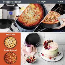 Round cake pan set with non-stick pan and a decorated layered cake