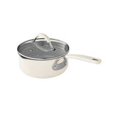 Beige nonstick saucepan with glass lid and side helper handle