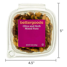 bettergoods Olive and Herb Mixed Nuts tub, clear plastic container with purple front label