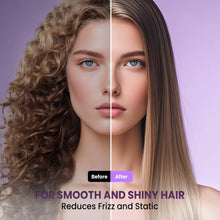 Before and after hair comparison showing smoother, straighter, shinier strands