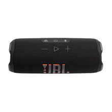JBL Flip 7 portable speaker in black, top controls with power and Bluetooth icons