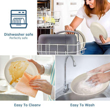 Beige wheat straw dinnerware set shown being washed in dishwasher and rinsed
