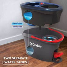 Two-tank spin mop system showing clean-water and dirty-water sections