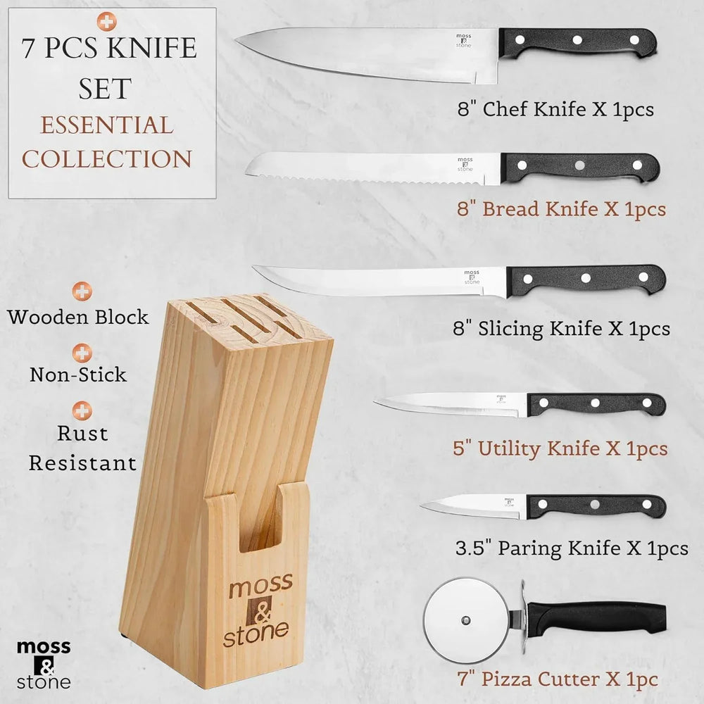 Moss & Stone Professional Kitchen Knife Chef Set, Small Knife Set With Block, Black Titanium Plated Kitchen Knife Set, Stainless Steel Scratch Resistant & Rust Proof Sharp Kitchen Knives. - USA MEGA SHOP