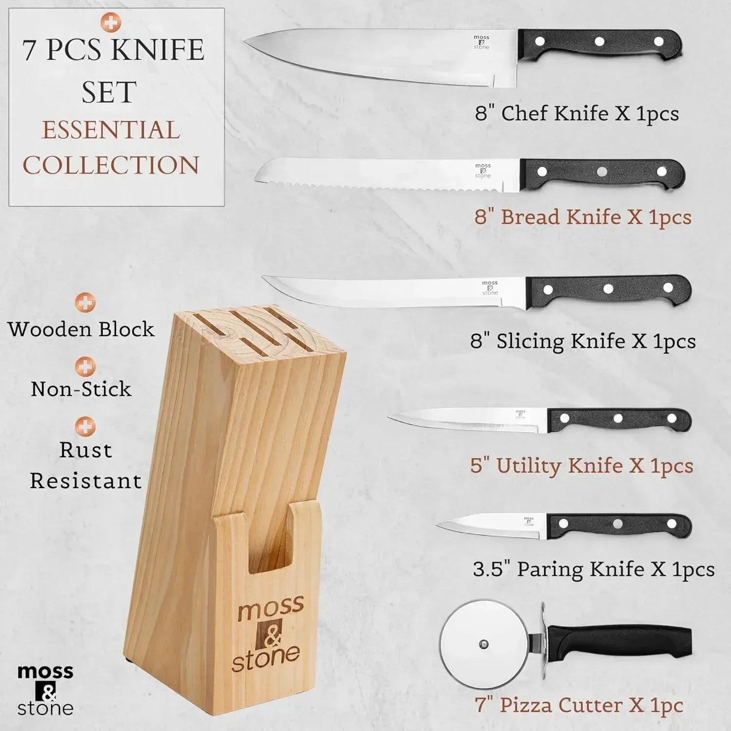 Moss & Stone Professional Kitchen Knife Chef Set, Small Knife Set With Block, Black Titanium Plated Kitchen Knife Set, Stainless Steel Scratch Resistant & Rust Proof Sharp Kitchen Knives.