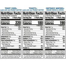 Nutrition Facts panels for toast chee, toasty, and captain's wafers cheese & chips