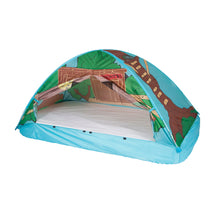 Pop-up play tent with open front showing white floor, blue side walls, green roof