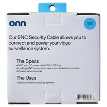 onn BNC security cable box back with features list and 100 ft length