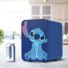 Blue mini thermoelectric cooler fridge with Stitch character graphic and closed door