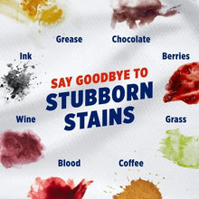 Stain remover infographic showing target stains like grease, chocolate, wine, coffee