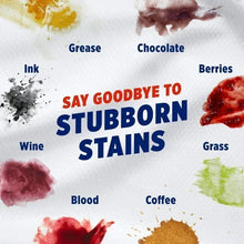 Stubborn stains guide graphic with examples like grease, chocolate, berries, grass, coffee.