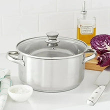 Stainless steel Dutch oven with glass lid and riveted handles