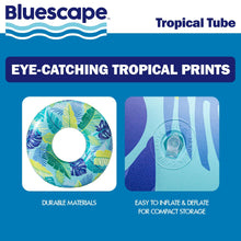 Inflatable swim tube pool float with tropical leaf print, blue and green