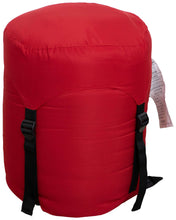Red mummy sleeping bag with black carry straps and fastening buckles