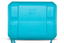 Igloo hard side cooler back view, turquoise blue with label panel