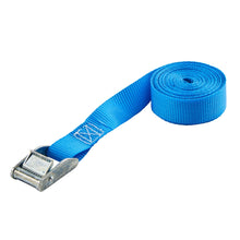 Blue lashing strap with silver cam buckle and webbing tie-down end
