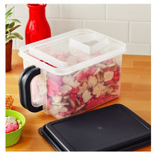 Clear plastic food storage container with gray lid and side handle, open-top