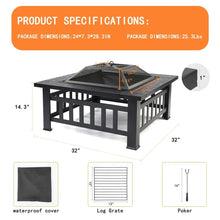 Black fire pit table with waterproof cover and log grate, with size diagram