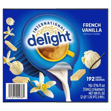 International Delight French vanilla creamer singles box front, 192 count
