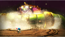 Robot character standing beside a large golden mech engine amid smoke and sparks
