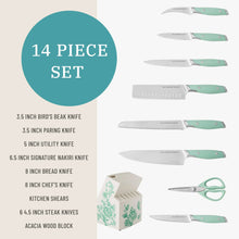 14-piece knife set with mint green handles and matching kitchen shears, in acacia block