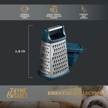 Stainless steel box grater set with dark blue handle and detachable storage container