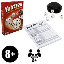 Yahtzee Classic dice game box, dice shaker, and score sheet with dice