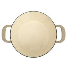 Enamel cast iron Dutch oven lid with black rim, light taupe.