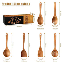Teak wood cooking utensils shown with serving spoon, fork, spatula, skimmer, and spoon