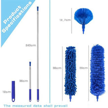 Blue microfiber duster heads and telescopic extension pole, labeled with sizes