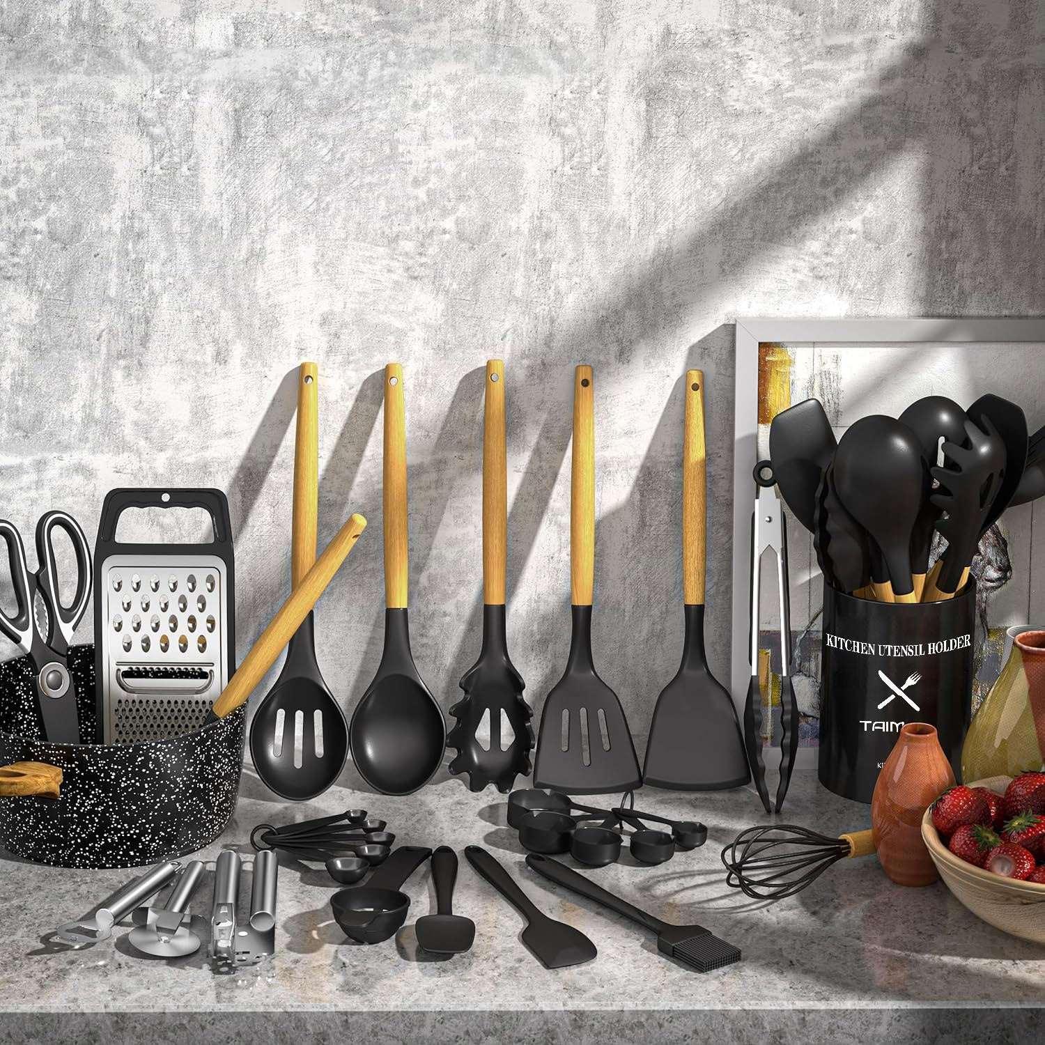 AOKIWO Kitchen Utensils Set- 34PCS Silicone Cooking Utensil Set with Wooden Handles, Heat Resistant Kitchen Spatula Gadgets Tools Set for Nonstick Cookware-Black
