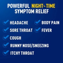 Nighttime cold & flu symptom relief list graphic with checkmarks