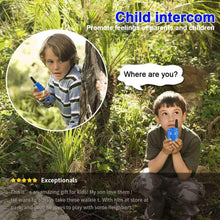 Blue kids walkie-talkie with antenna and speaker grille, held by a child