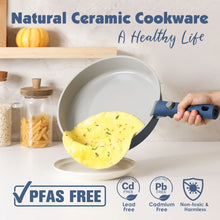 Navy blue ceramic nonstick frying pan with detachable handle pouring food
