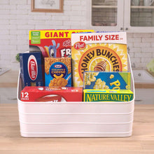 White plastic slanted storage bin holding cereal boxes