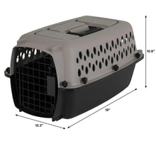 Hard-sided pet kennel, light gray top with ventilation holes, black front door