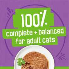 Adult cat wet food label with 100% complete and balanced nutrition bowl graphic.